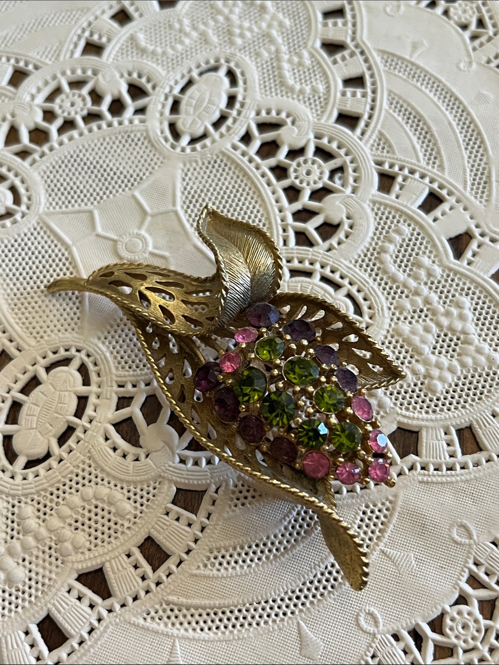 Gold Tone Floral Leaf Brooch with Pink and Green Rhinestones